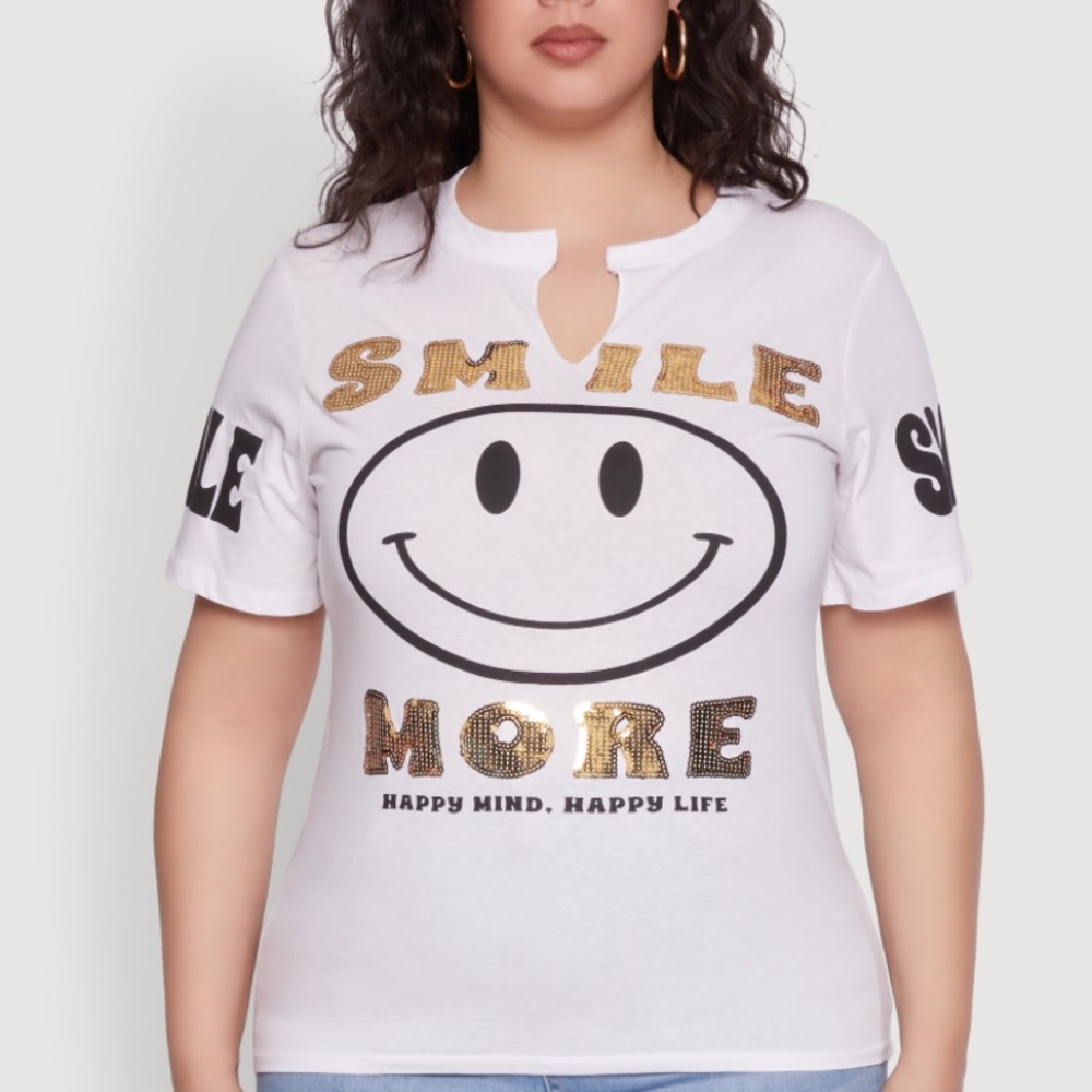 NWT Plus Size Smile More White and Gold Tshirt